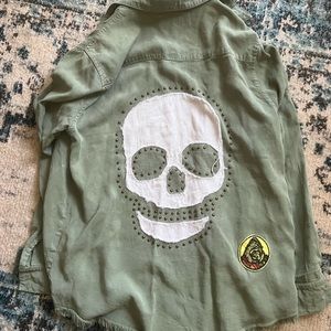 Olive Green Lauren Moshi Skull Button Down Top